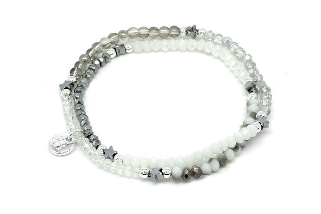 Fushia White & Silver Stretch 2 Wrap Bracelet